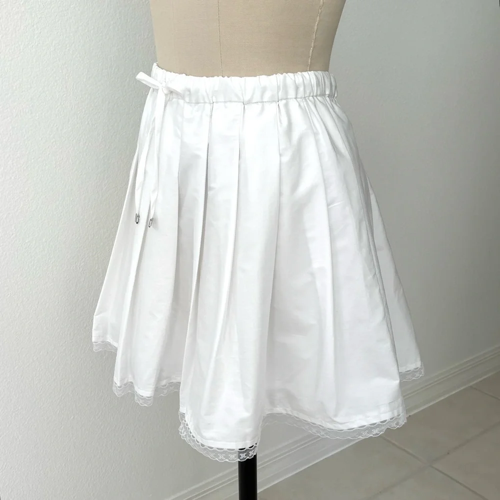 J.Crew Pleated Mini Skirt NWT White Cotton Pleated Elastic Waist Lace Trim L